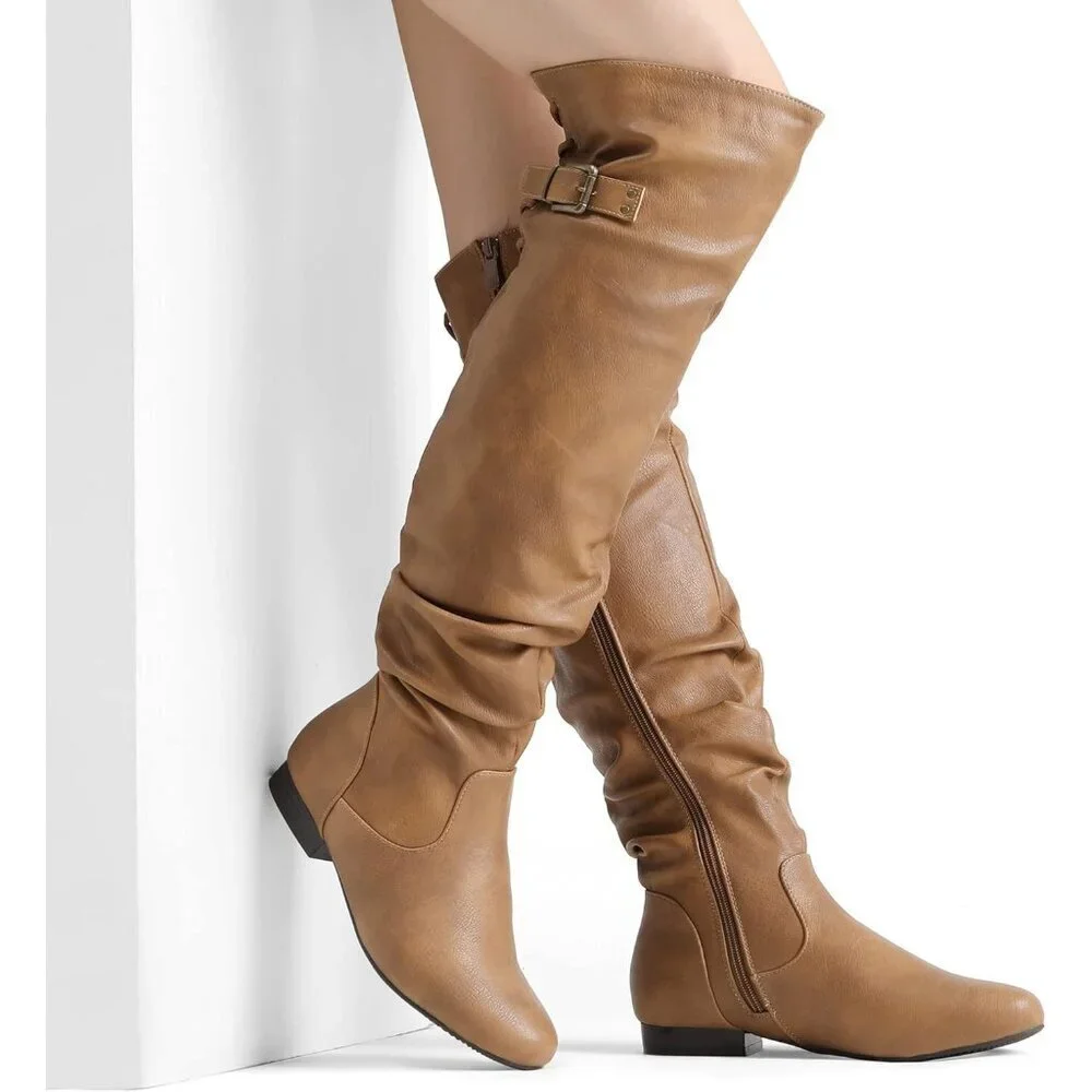 Women's Camel Suede Over The Knee Thigh High Comfortable Low Heel Winter Boots